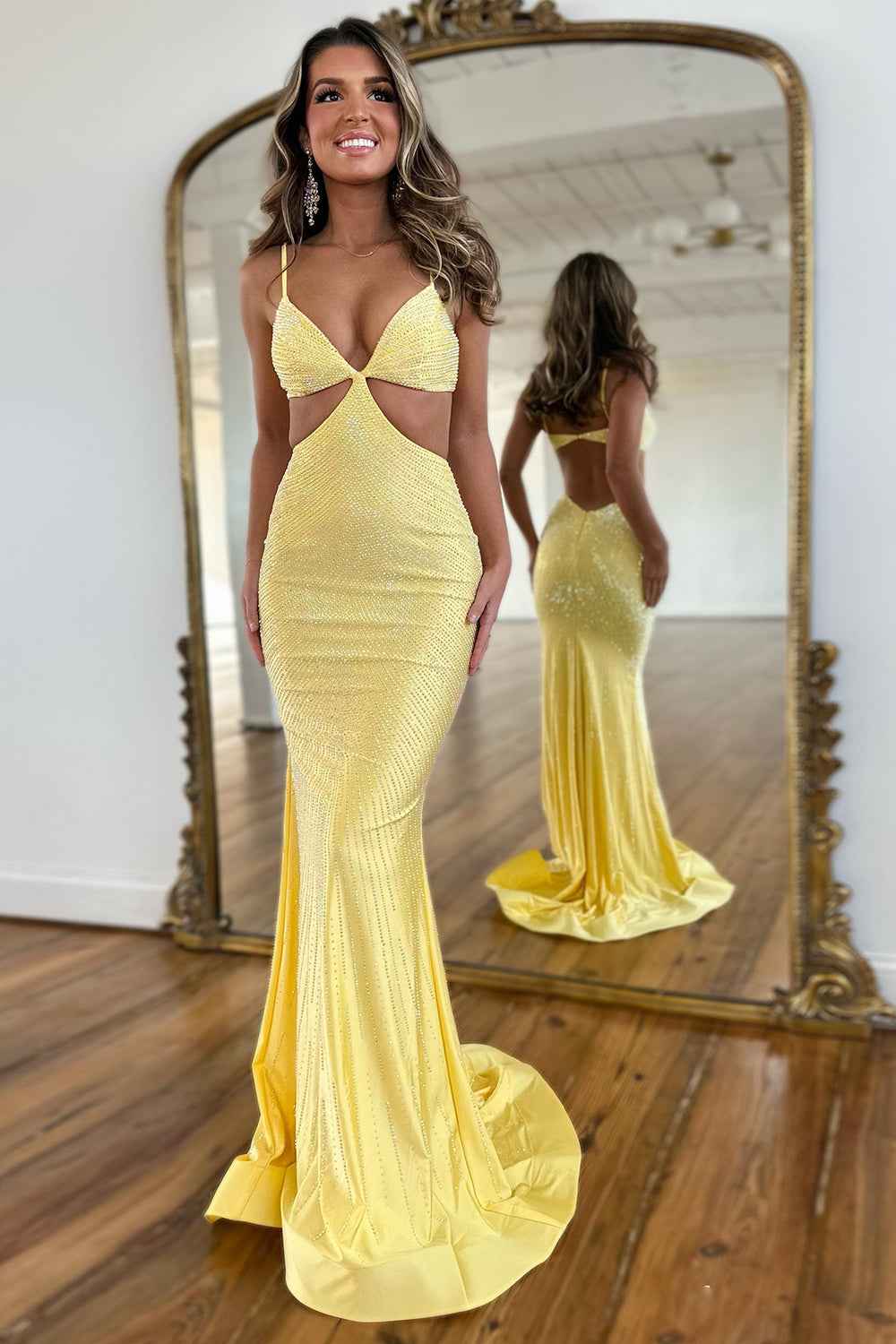 Glitter Yellow Spaghetti Straps Mermaid Cutout Long Prom Dress With Beading