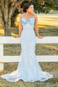 Sky Blue Strapless Mermaid Long Corset Prom Dress With Appliques