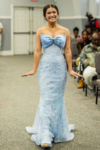 Sky Blue Strapless Mermaid Long Corset Prom Dress With Appliques