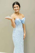 Sky Blue Strapless Mermaid Long Corset Prom Dress With Appliques