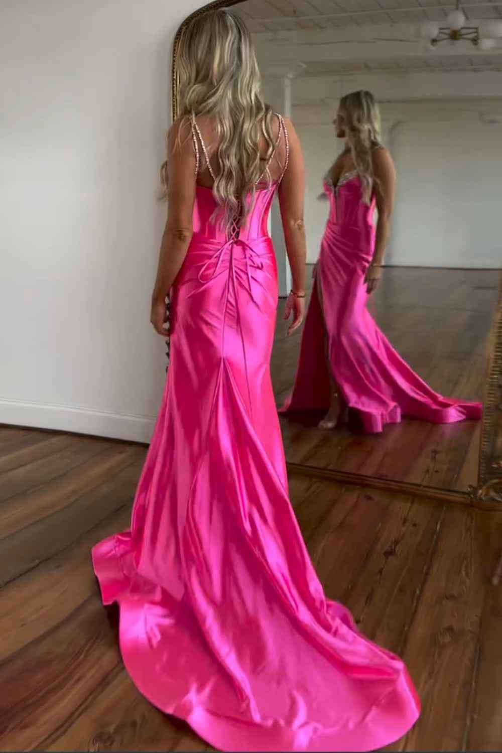 Fuchsia Satin Long Corset Prom Dress With Beading And Spaghetti Straps