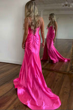 Fuchsia Satin Long Corset Prom Dress With Beading And Spaghetti Straps