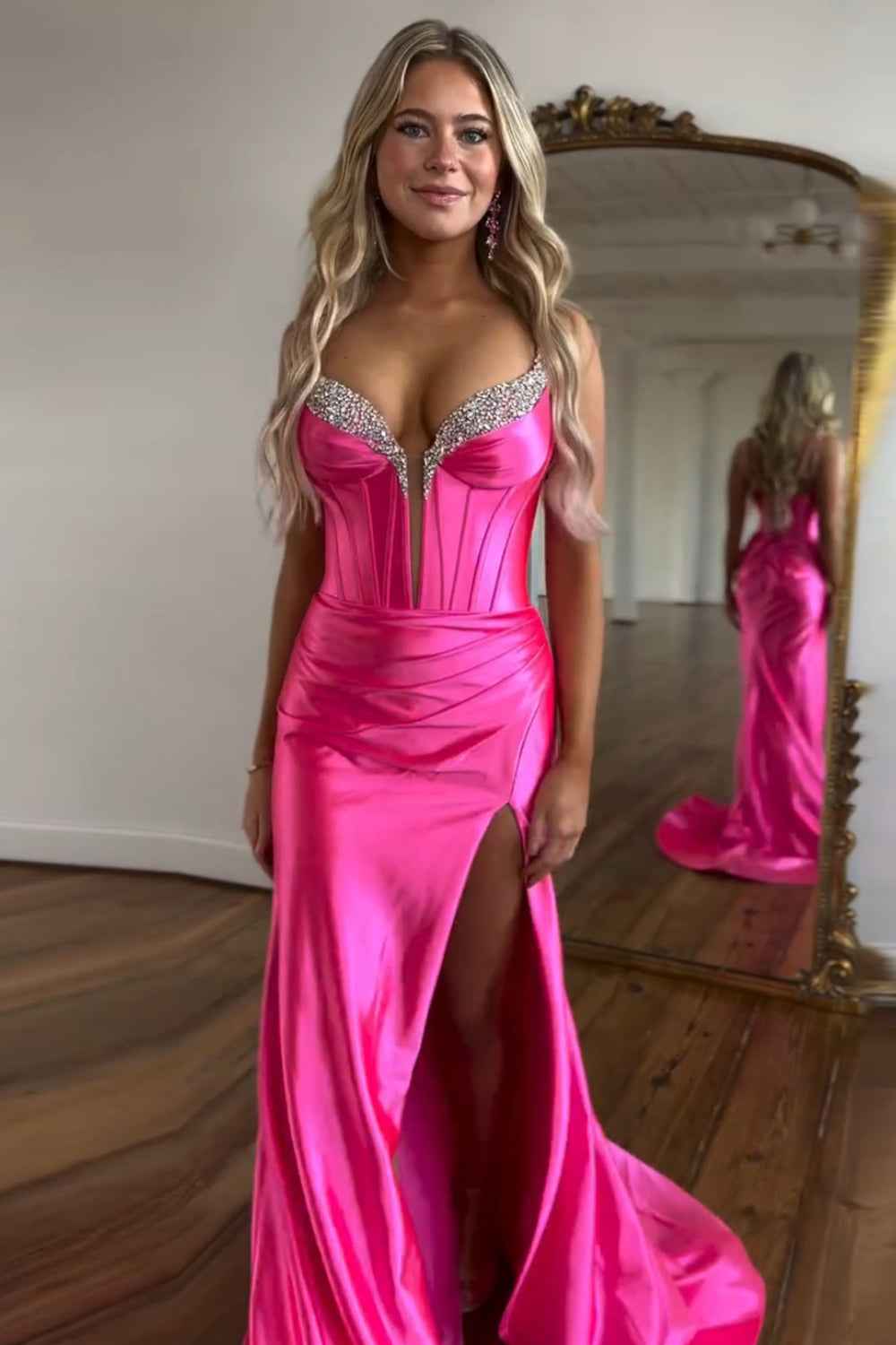 Fuchsia Satin Long Corset Prom Dress With Beading And Spaghetti Straps