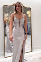 Fuchsia Satin Long Corset Prom Dress With Beading And Spaghetti Straps