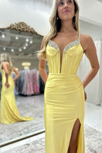 Fuchsia Satin Long Corset Prom Dress With Beading And Spaghetti Straps