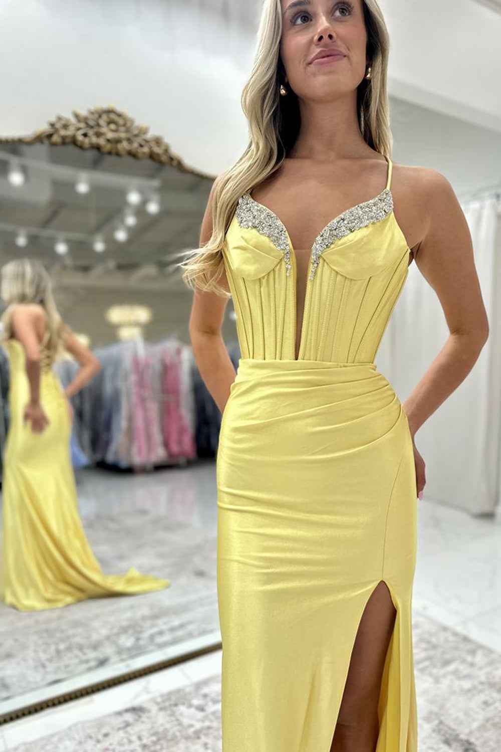 Fuchsia Satin Long Corset Prom Dress With Beading And Spaghetti Straps