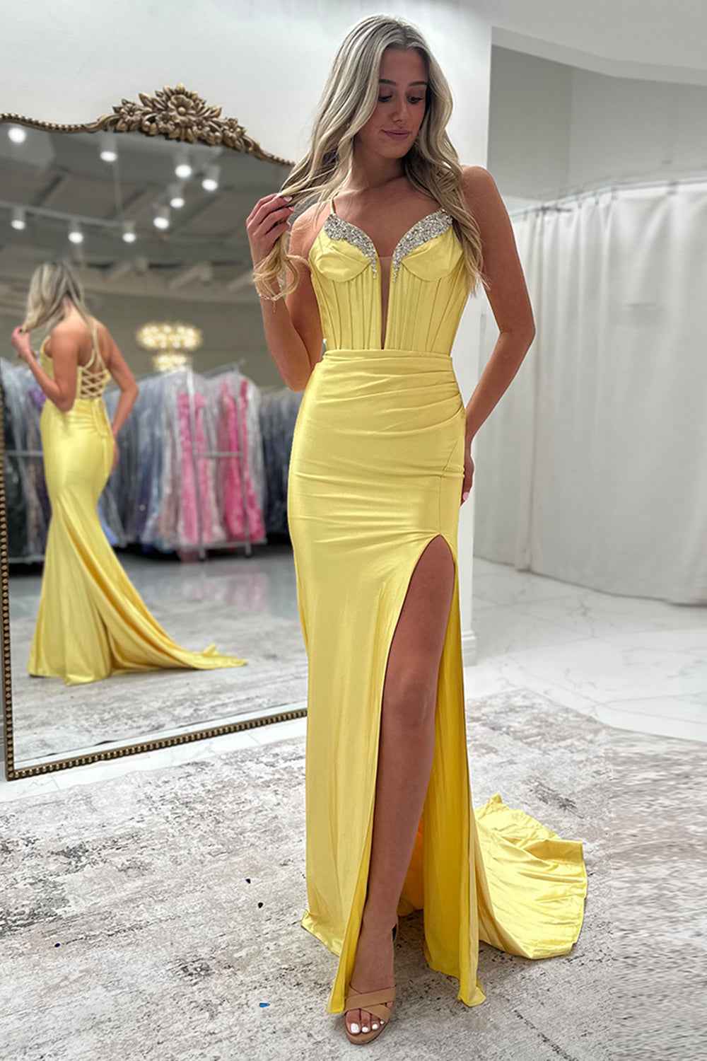Fuchsia Satin Long Corset Prom Dress With Beading And Spaghetti Straps