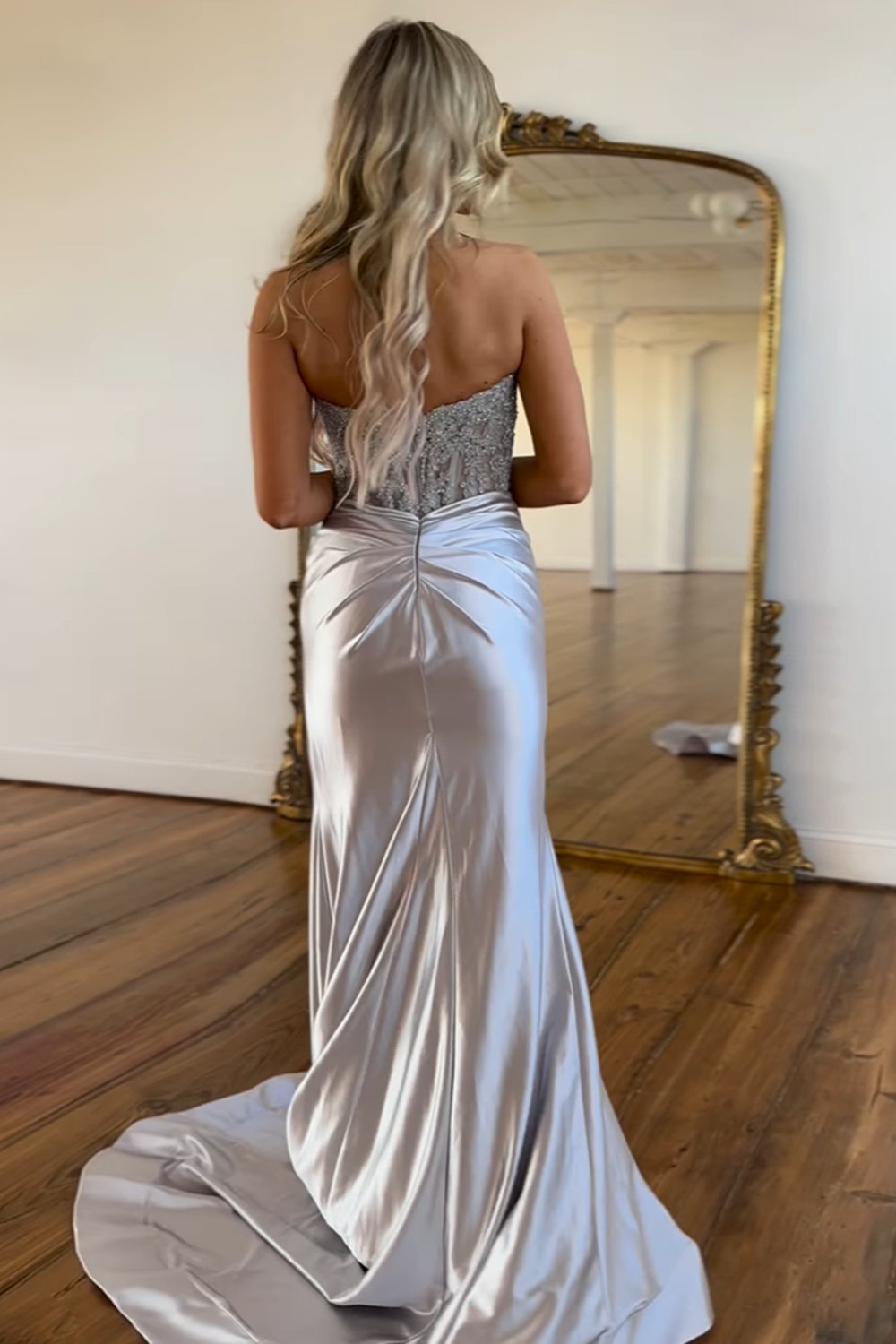 Navy Mermaid Sweetheart Corset Prom Dress With Slit