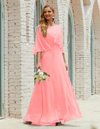 Abito da Damigella Donna Manica Lunga Scollatura a V Chiffon Abito da Cerimonia Matrimonio Festa 28018