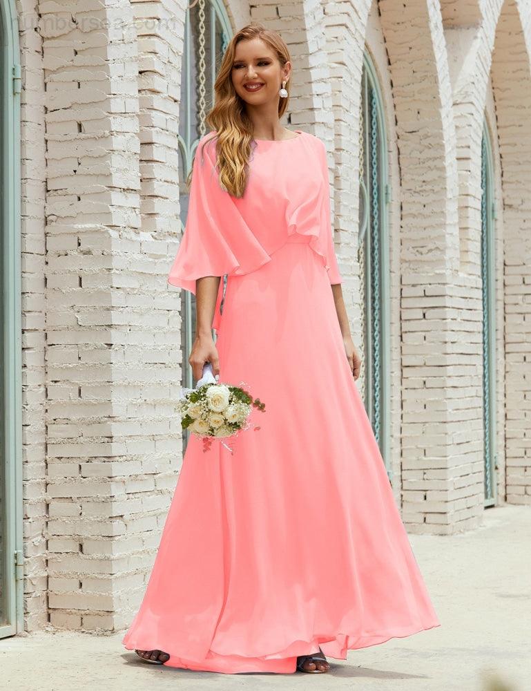 Abito da Damigella Donna Manica Lunga Scollatura a V Chiffon Abito da Cerimonia Matrimonio Festa 28018