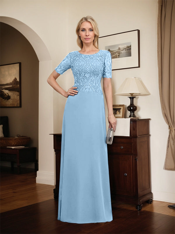 Robe de mère de la mariée en dentelle et mousseline, longueur au sol, en ligne A, décolleté en U, ornée de paillettes