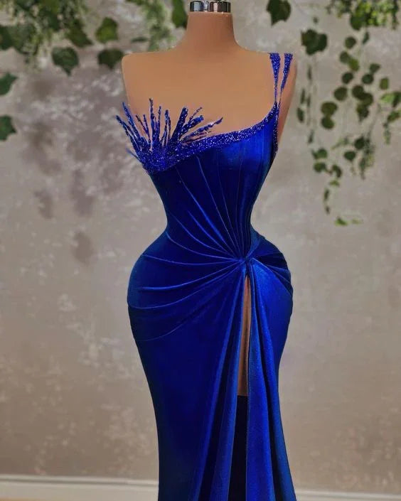 Abito da sera in velluto blu reale affascinante, design unico con spalline, abito da sera con spacco alto Y719