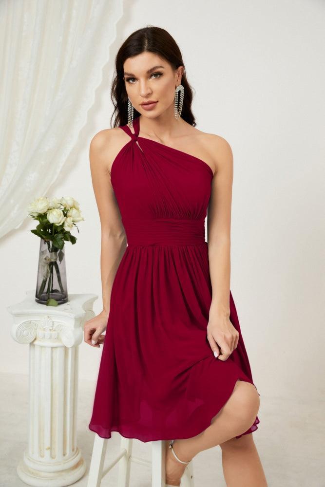 Vestido de Noiva de Ombro Único em Chiffon Curto para Damas de Honra, Vestidos Formais para Festas e Baile de Finalistas 2804