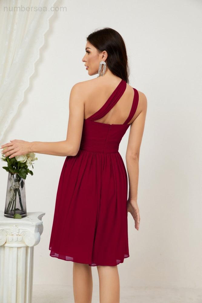 Numbersea Damen Chiffon Kurzes Ein-Schulter Brautjungfernkleid Festliche Kleider für Feier Heimkehr 2804