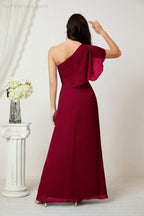 Abito da Sera Formale A-line con Spalla Singola e Balze in Chiffon, Spacco Laterale, per Damigelle, Modello 2809