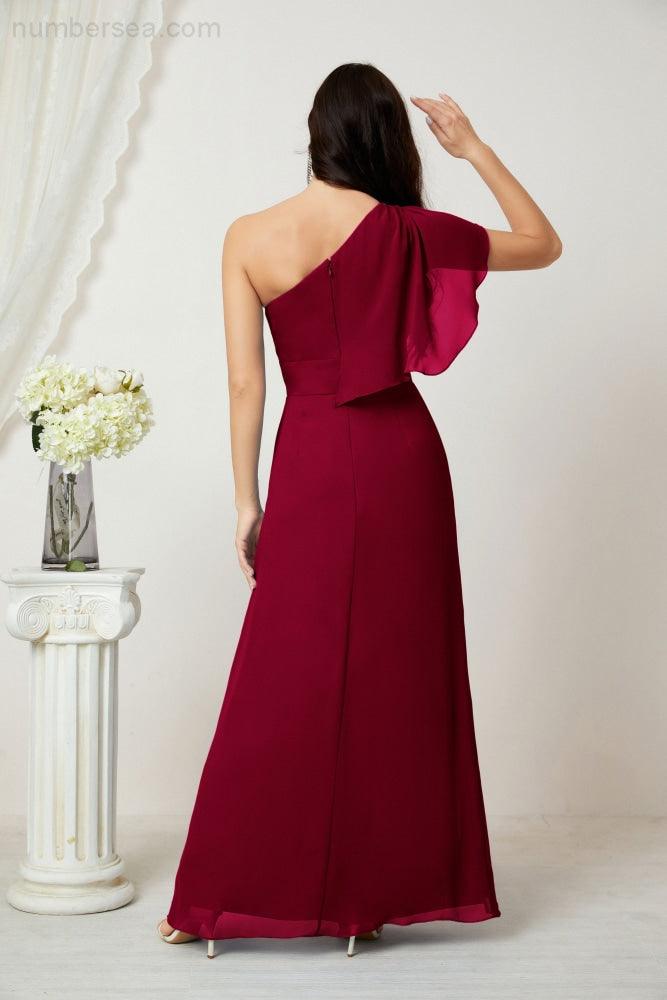Abito da Sera Formale A-line con Spalla Singola e Balze in Chiffon, Spacco Laterale, per Damigelle, Modello 2809
