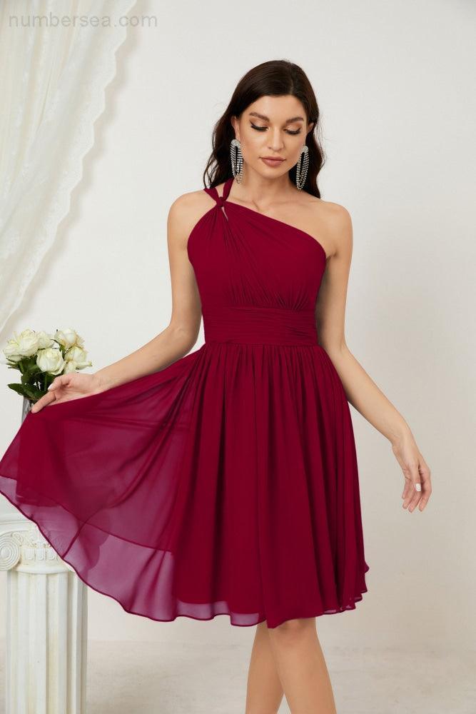 Numbersea Damen Chiffon Kurzes Ein-Schulter Brautjungfernkleid Festliche Kleider für Feier Heimkehr 2804