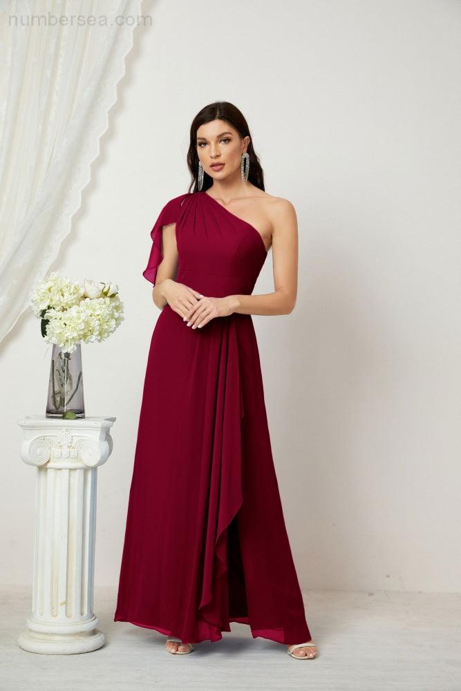 Abito da Sera Formale A-line con Spalla Singola e Balze in Chiffon, Spacco Laterale, per Damigelle, Modello 2809