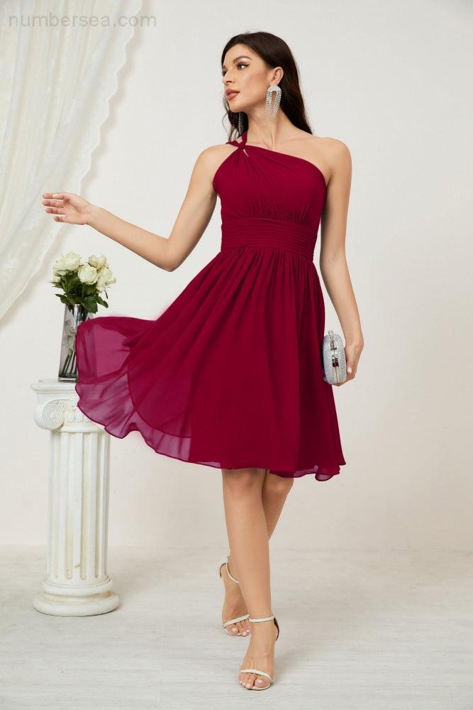 Numbersea Damen Chiffon Kurzes Ein-Schulter Brautjungfernkleid Festliche Kleider für Feier Heimkehr 2804