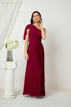 Abito da Sera Formale A-line con Spalla Singola e Balze in Chiffon, Spacco Laterale, per Damigelle, Modello 2809
