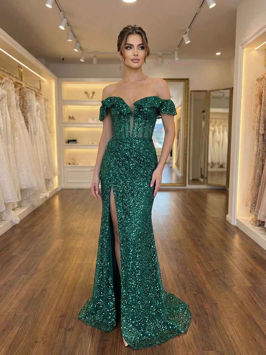 Emerald Off Shoulder Sequin Mermaid Prom Dress With Slit