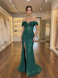 Emerald Off Shoulder Sequin Mermaid Prom Dress With Slit