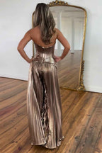 Rose Gold Metallic Pleated Long Sweetheart Corset Prom Jumpsuit