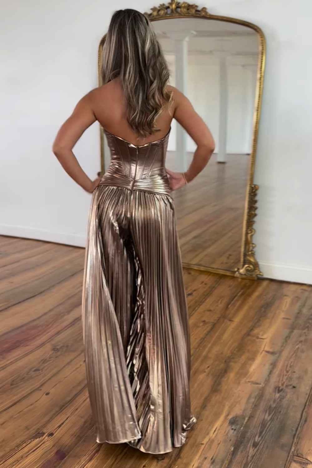 Rose Gold Metallic Pleated Long Sweetheart Corset Prom Jumpsuit