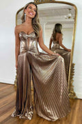 Rose Gold Metallic Pleated Long Sweetheart Corset Prom Jumpsuit