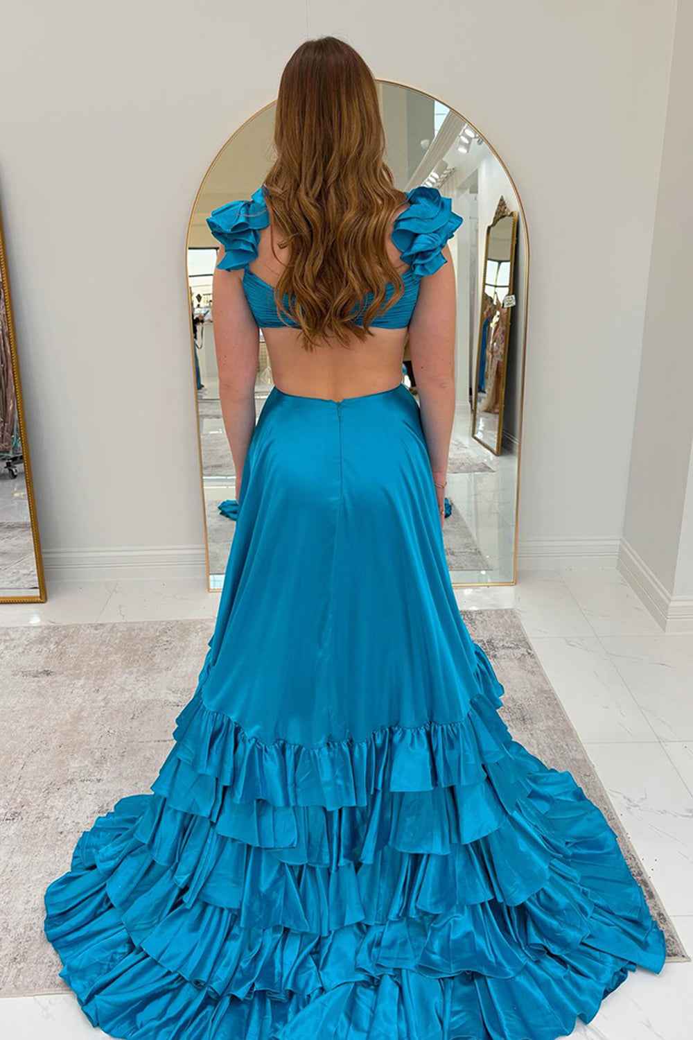 Red Satin V-Neck A-Line Prom Dress With Tiered Ruffles