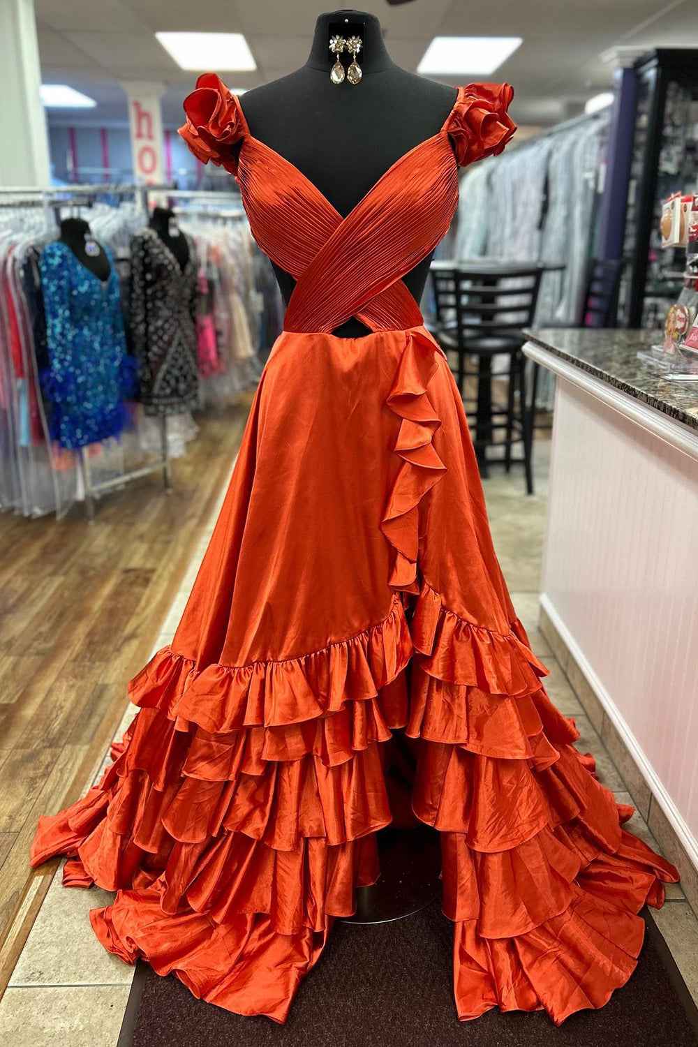 Red Satin V-Neck A-Line Prom Dress With Tiered Ruffles