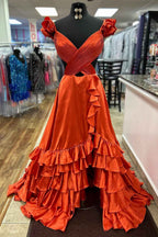 Red Satin V-Neck A-Line Prom Dress With Tiered Ruffles