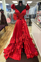 Red Satin V-Neck A-Line Prom Dress With Tiered Ruffles