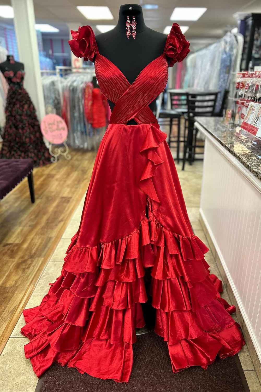 Red Satin V-Neck A-Line Prom Dress With Tiered Ruffles