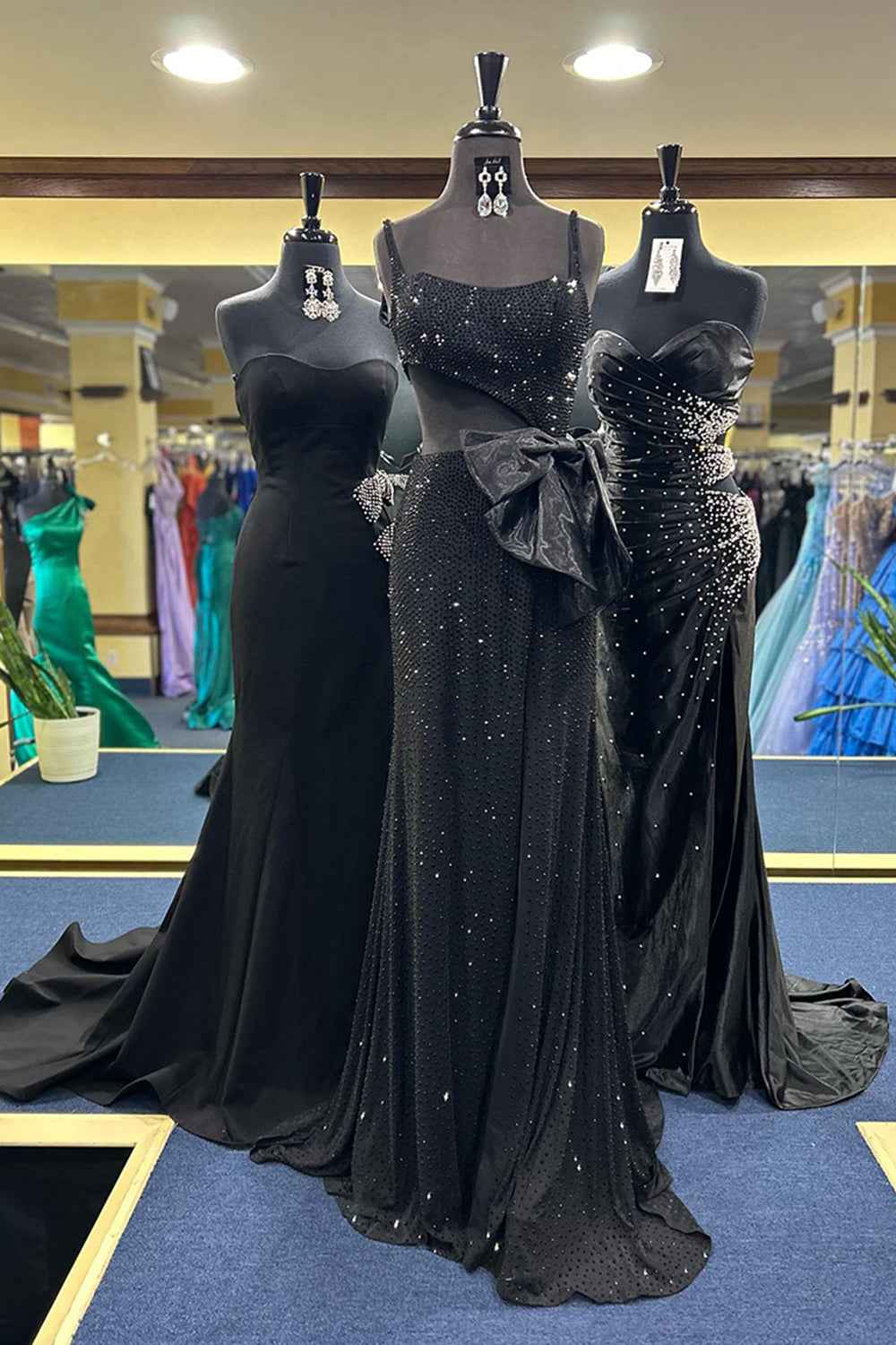 Black Mermaid Party Dress Spaghetti String Beaded Glitter Evening Gown