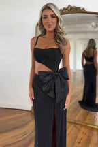 Black Mermaid Party Dress Spaghetti String Beaded Glitter Evening Gown