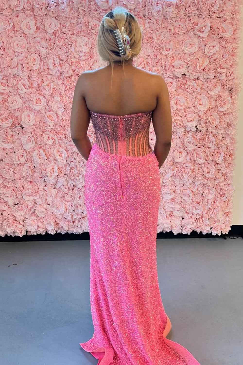 Sparkly Champagne Strapless Sequins Mermaid Bodycon Prom Dress With Beading