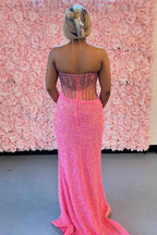 Sparkly Champagne Strapless Sequins Mermaid Bodycon Prom Dress With Beading