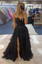 Blue Sweetheart Ruffled Long Corset Prom Dress With Slit