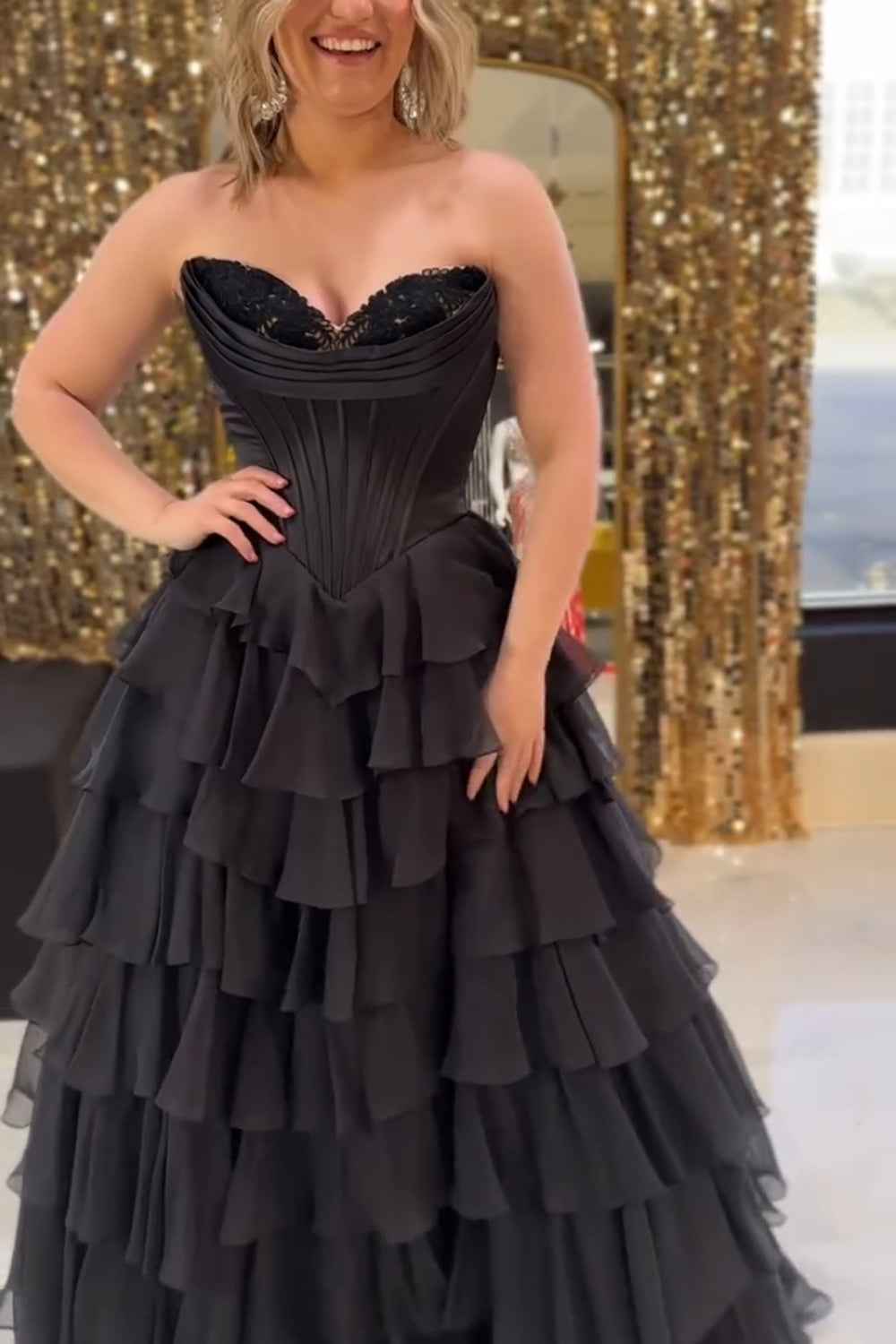 Blue Sweetheart Ruffled Long Corset Prom Dress With Slit