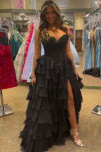 Blue Sweetheart Ruffled Long Corset Prom Dress With Slit