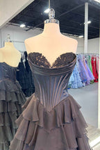 Blue Sweetheart Ruffled Long Corset Prom Dress With Slit