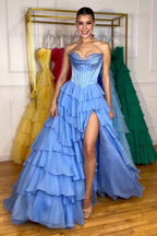 Yellow Princess Sweetheart Chiffon Long Corset Prom Dress With Tiered Ruffles