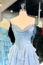 Yellow Princess Sweetheart Chiffon Long Corset Prom Dress With Tiered Ruffles