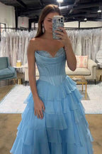 Yellow Princess Sweetheart Chiffon Long Corset Prom Dress With Tiered Ruffles