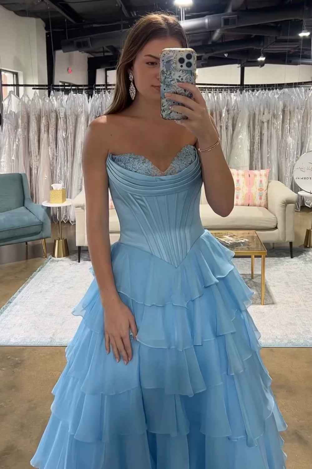 Yellow Princess Sweetheart Chiffon Long Corset Prom Dress With Tiered Ruffles