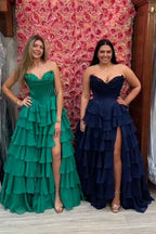 Blue Sweetheart Ruffled Long Corset Prom Dress With Slit