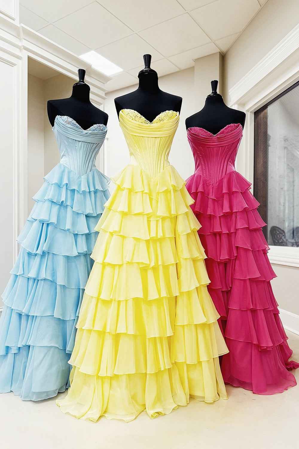 Blue Sweetheart Ruffled Long Corset Prom Dress With Slit
