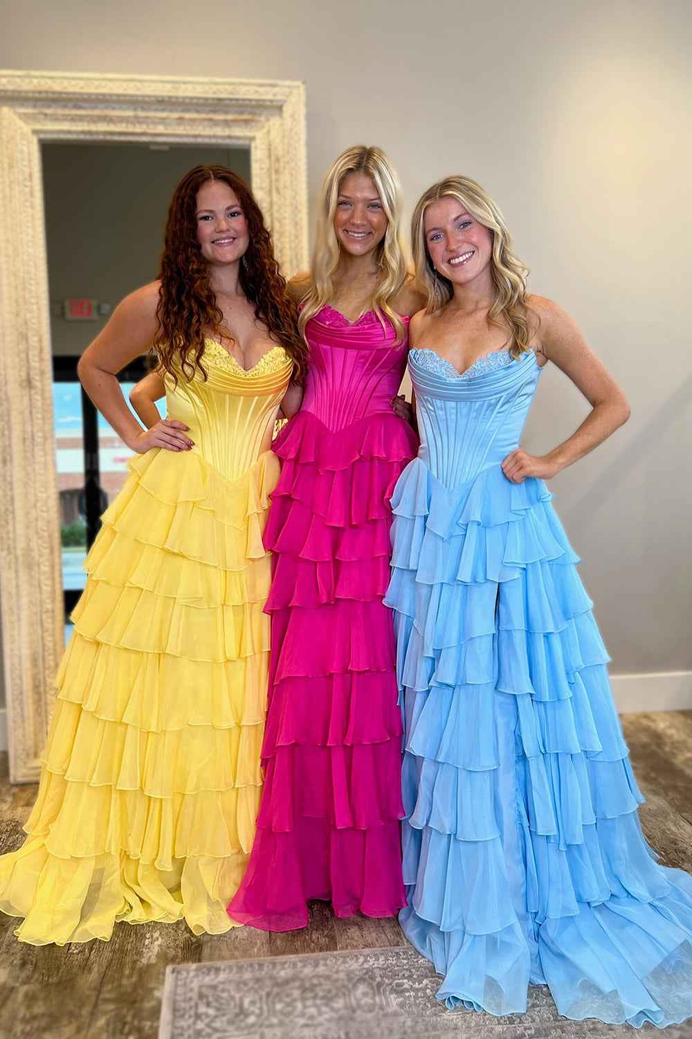 Blue Sweetheart Ruffled Long Corset Prom Dress With Slit