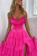 Blue Sweetheart Ruffled Long Corset Prom Dress With Slit